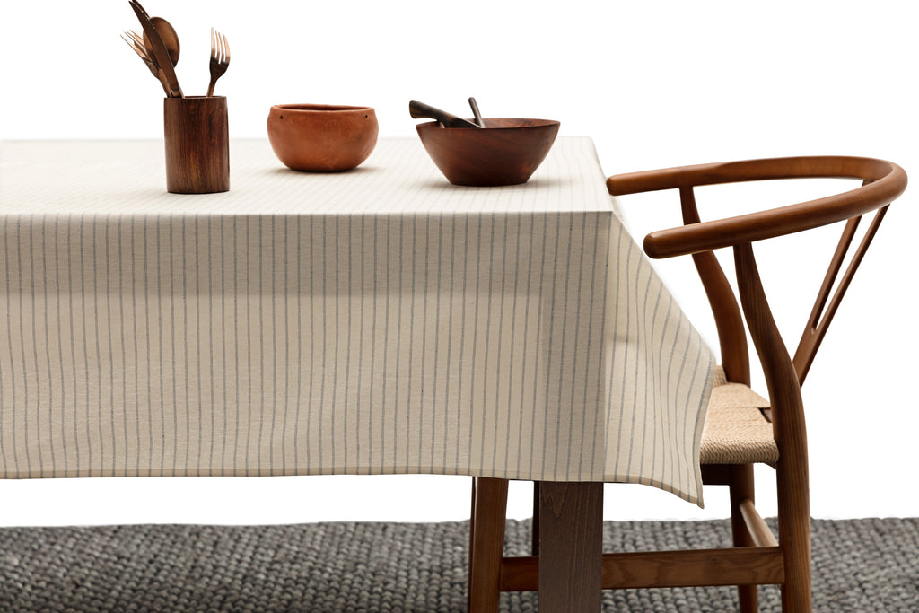 Pinstripe Cotton Tablecloth | Montreal, Quebec | 100% Cotton | 3 Sizes | Natural & Grey | MEEMA
