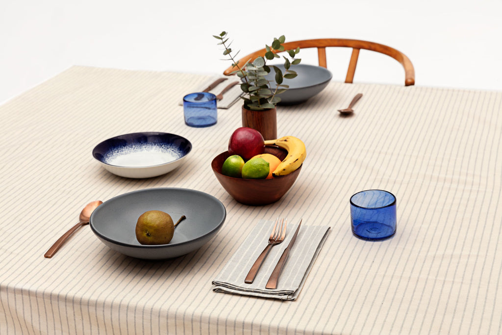 Pinstripe Cotton Tablecloth | Montreal, Quebec | 100% Cotton | 3 Sizes | Natural & Grey | MEEMA