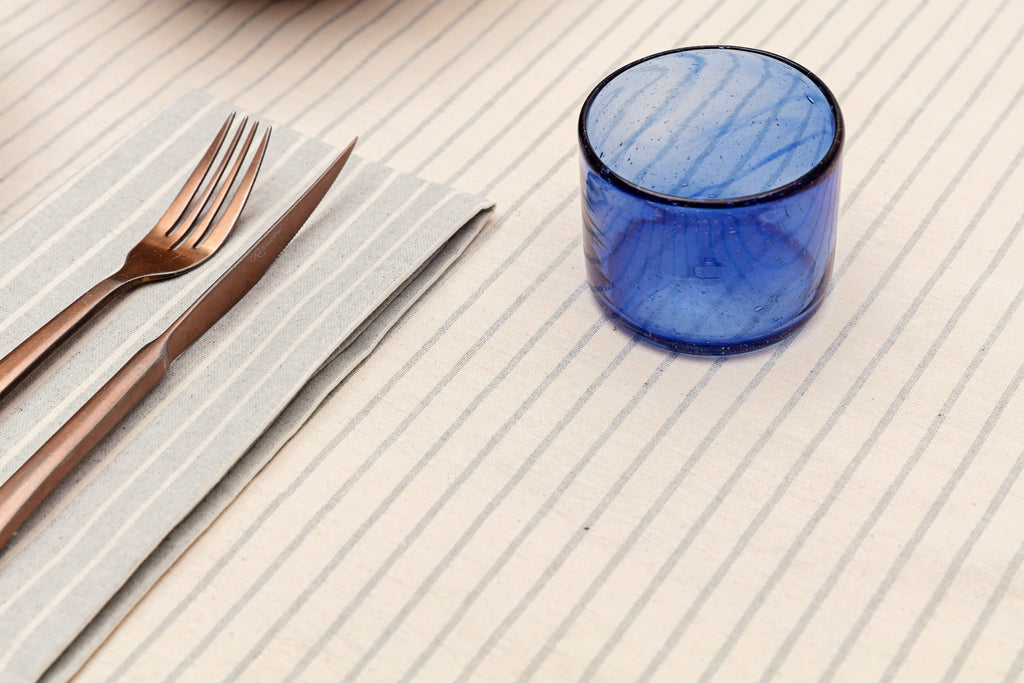 Pinstripe Cotton Tablecloth | Montreal, Quebec | 100% Cotton | 3 Sizes | Natural & Grey | MEEMA