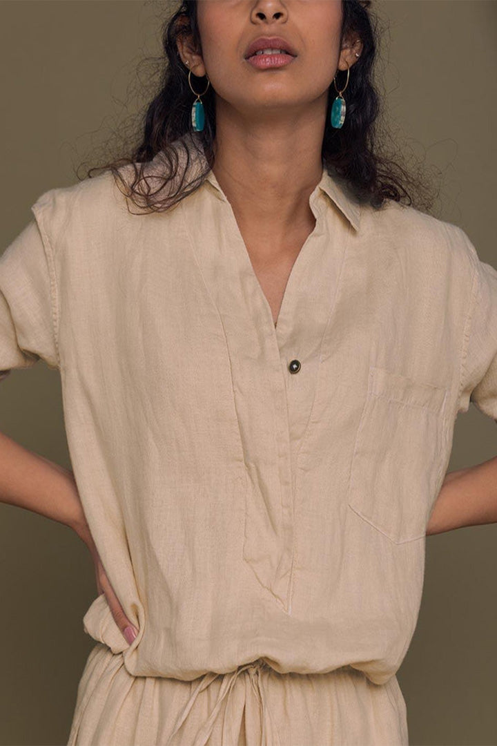 Cliff Dress in Neutral Beige | 100% Hemp | Oversized Shirt Dress | Front Pocket | Drawstring | Reistor