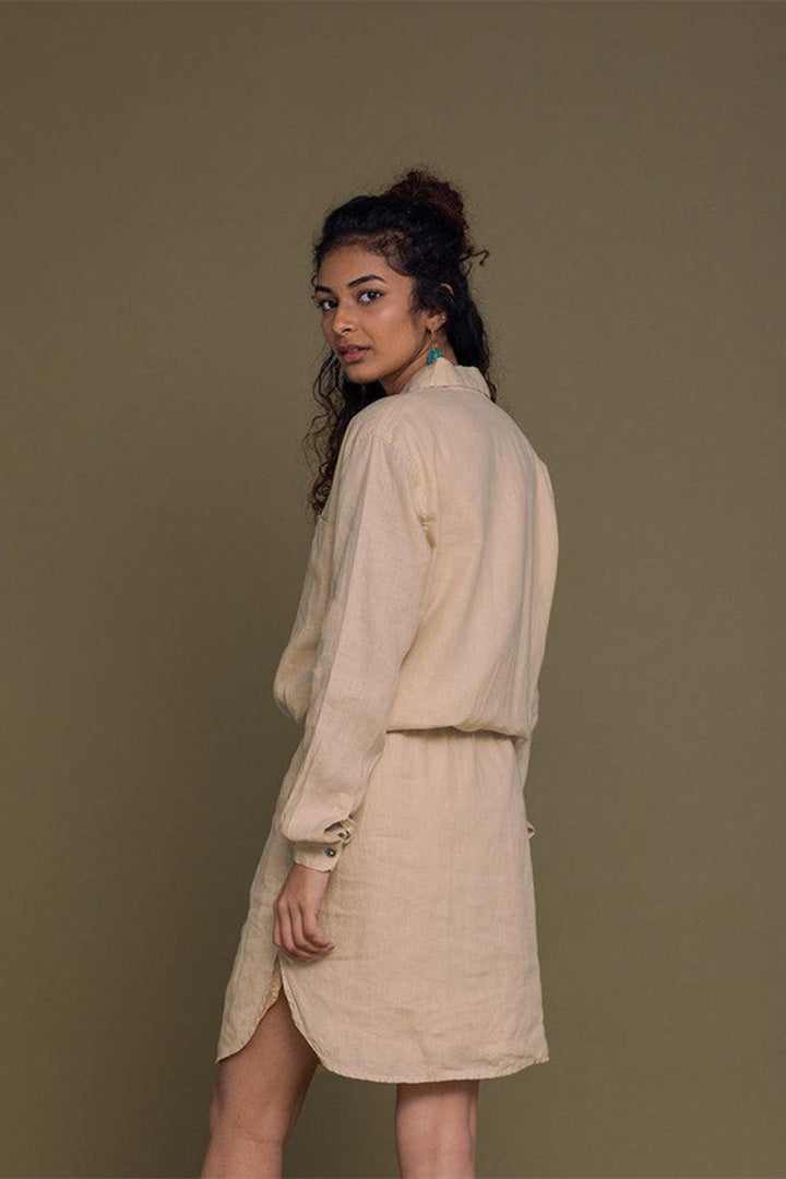 Cliff Dress in Neutral Beige | 100% Hemp | Oversized Shirt Dress | Front Pocket | Drawstring | Reistor