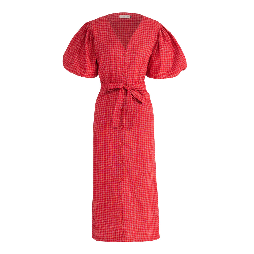 MEGHAN Gingham Hemp Midi Dress In Scarlet Red | Made in Bali