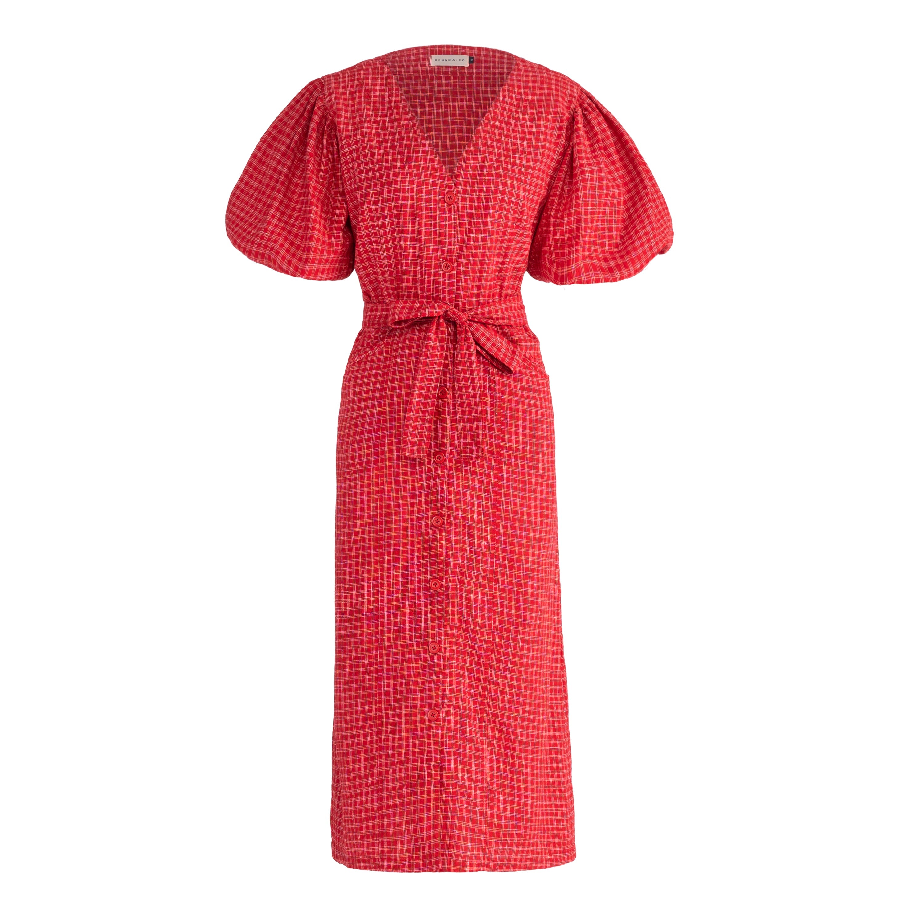 MEGHAN Gingham Hemp Midi Dress In Scarlet Red | Made in Bali