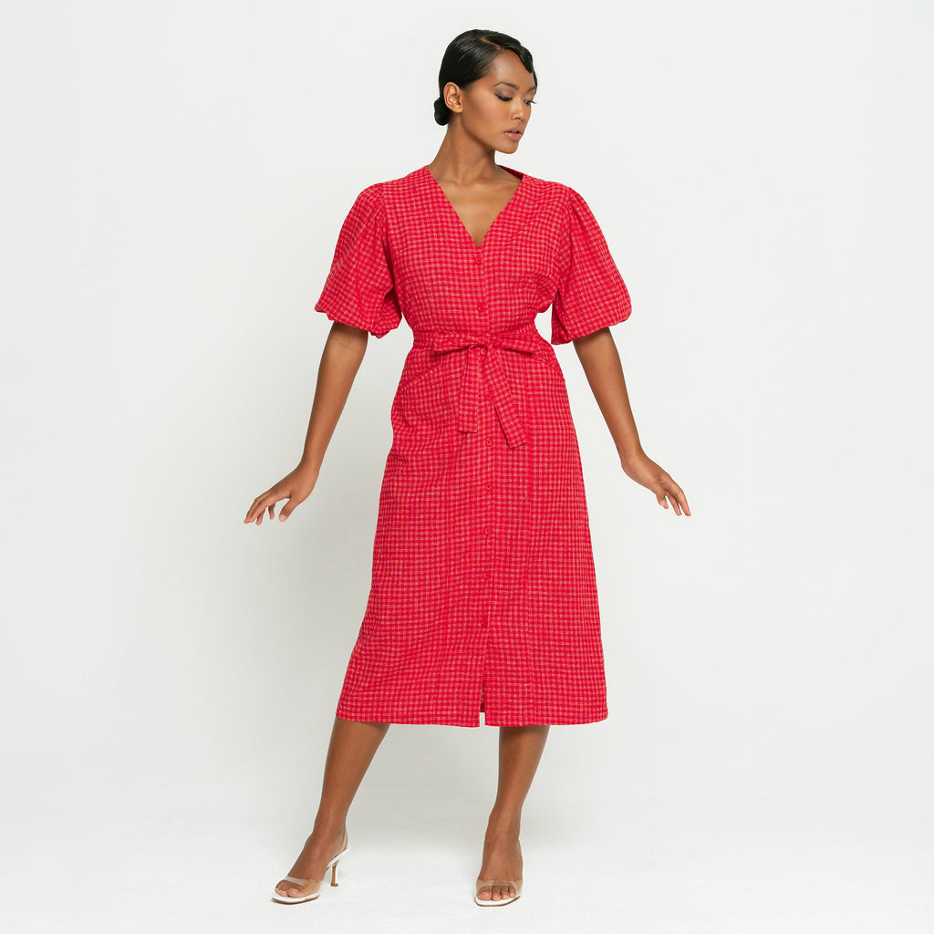 MEGHAN Gingham Hemp Midi Dress In Scarlet Red | Made in Bali
