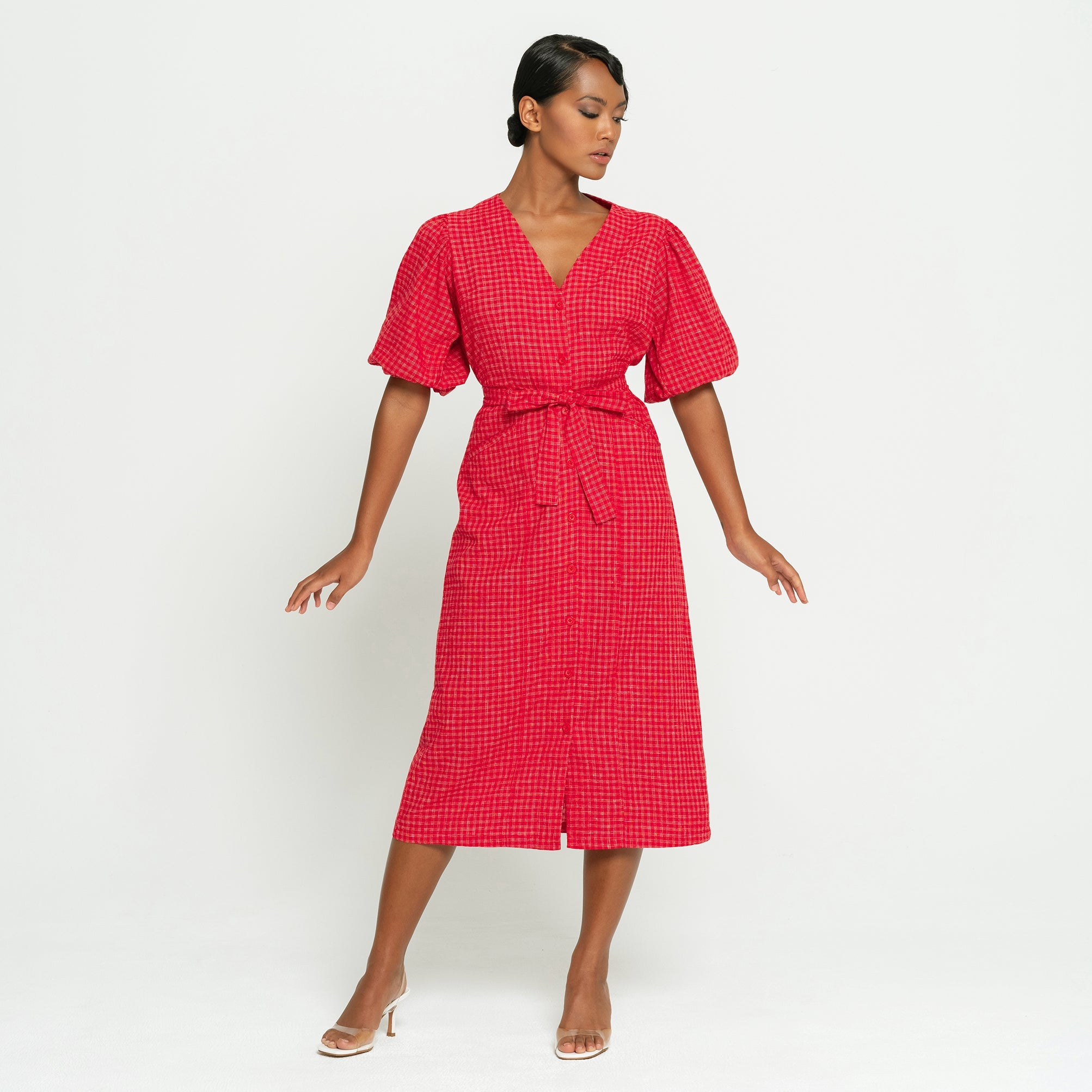 MEGHAN Gingham Hemp Midi Dress In Scarlet Red | Made in Bali