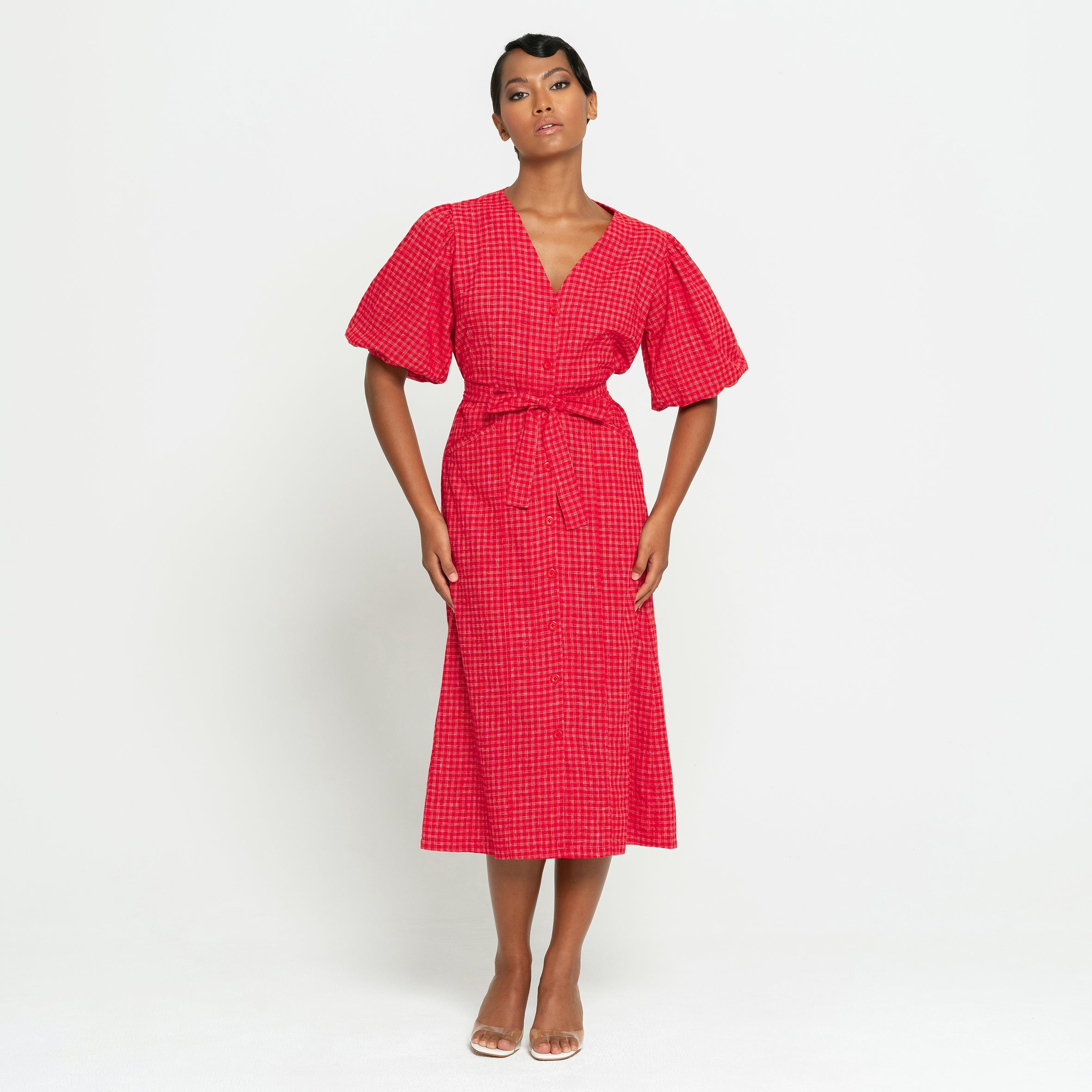 MEGHAN Gingham Hemp Midi Dress In Scarlet Red | Made in Bali