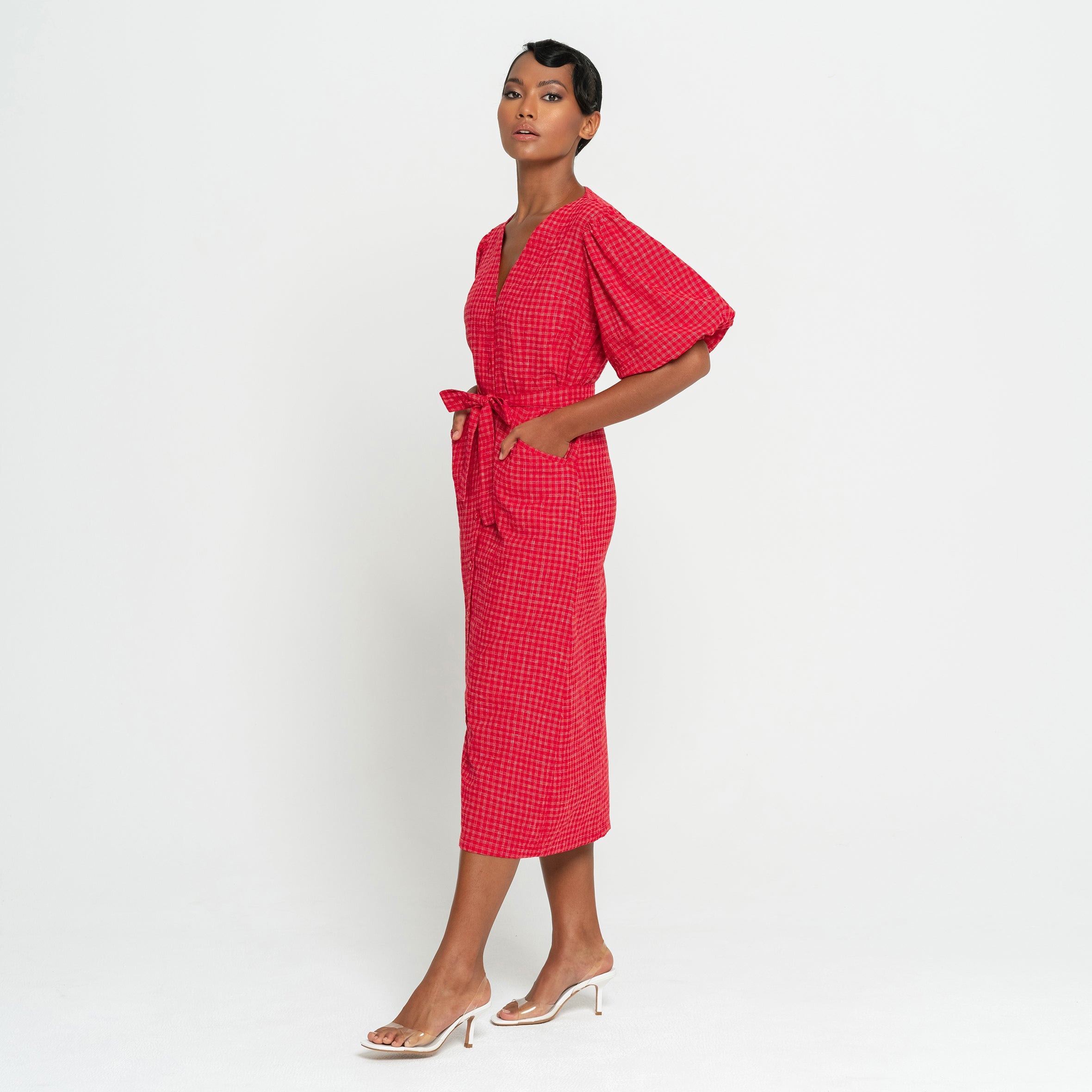 MEGHAN Gingham Hemp Midi Dress In Scarlet Red | Made in Bali