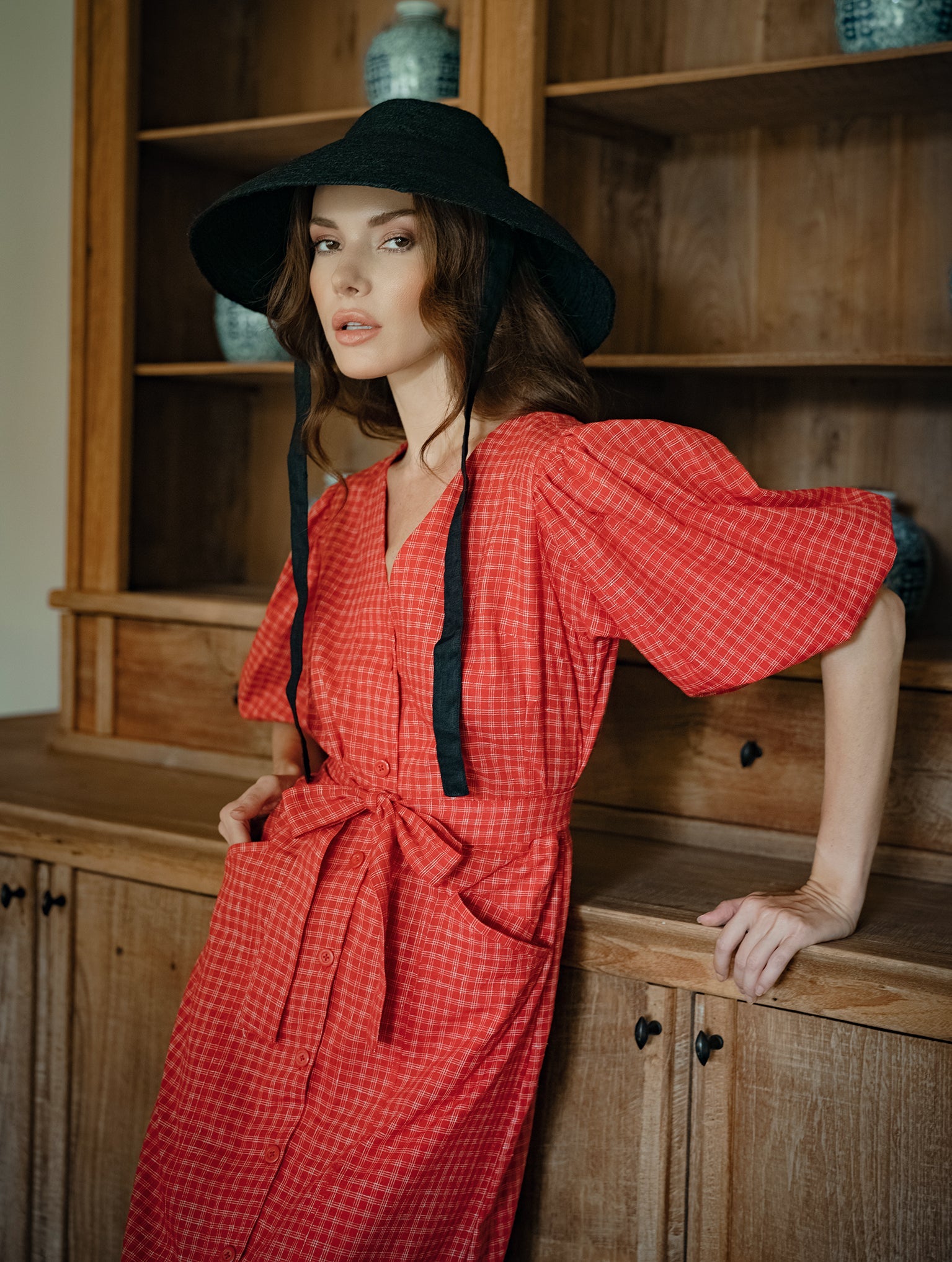 MEGHAN Gingham Hemp Midi Dress In Scarlet Red | Made in Bali