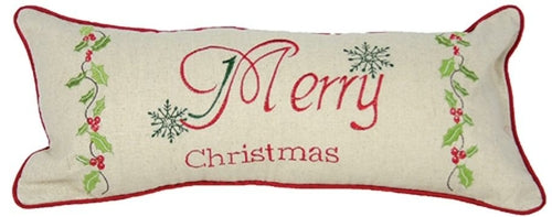 Merry Christmas with Holly Embroidered Pillow | Feather Insert | 2 Sizes