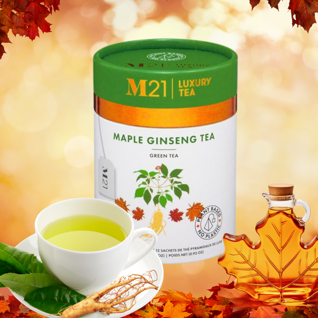 Maple Ginseng Luxury Green Tea | Canadian Ginseng & Wild Maple | Low Caffeine | 12 Compostable Pyramid Bags | Made in Canada | M21
