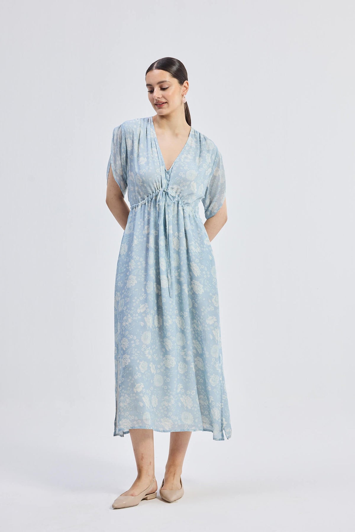 Gathered Maxi Dress with Drawstring in Blue Florals