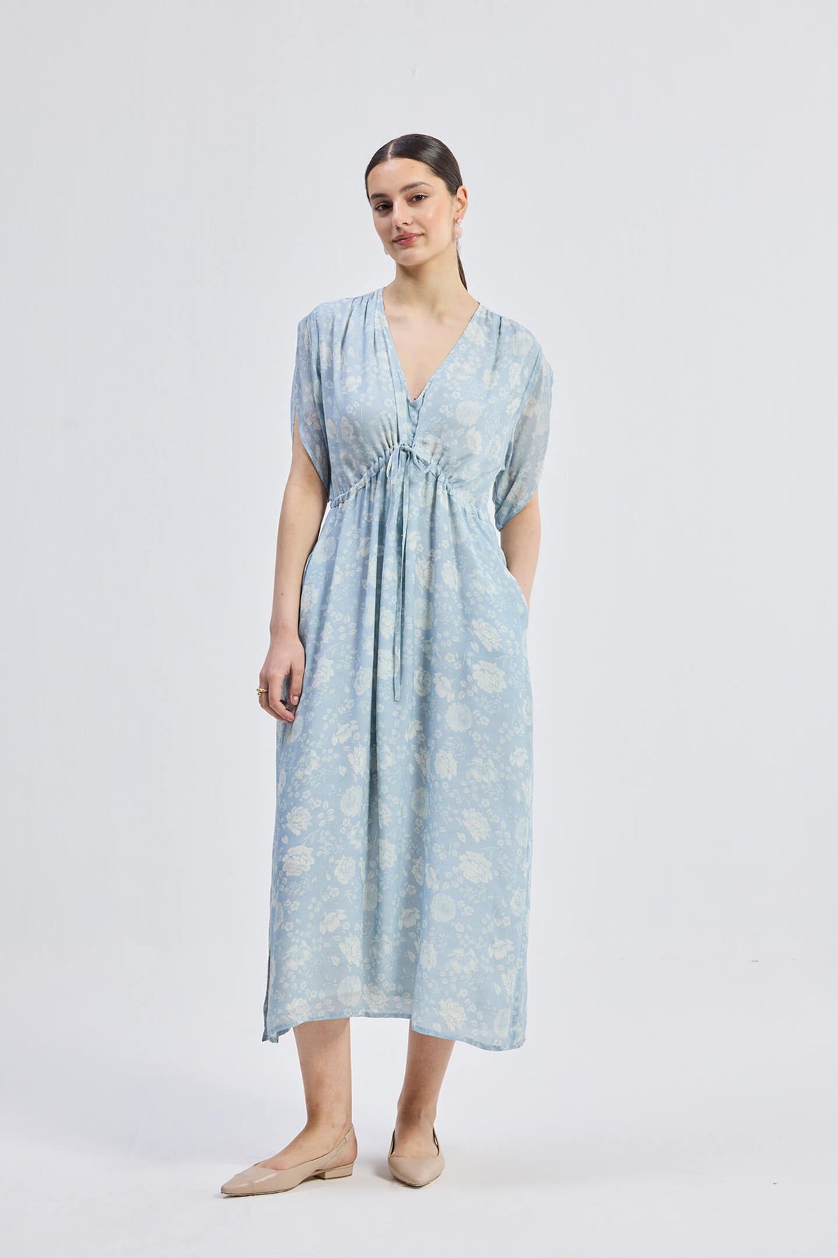 Gathered Maxi Dress with Drawstring in Blue Florals