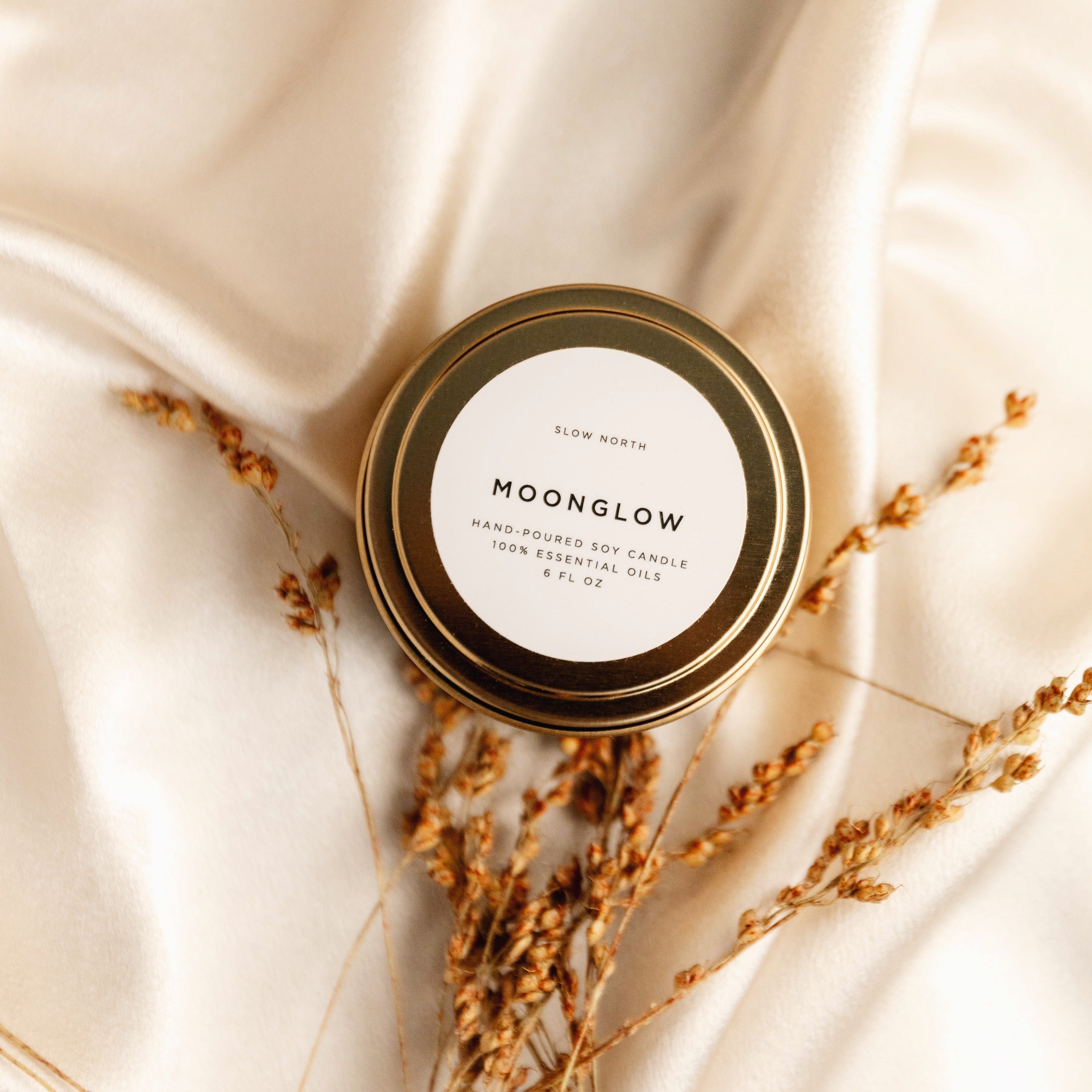 Moonglow | Patchouli, Cinnamon & Black Pepper Soy Candle | 100% Essential Oils | Brushed Gold Travel Tin | 6 oz | Slow North
