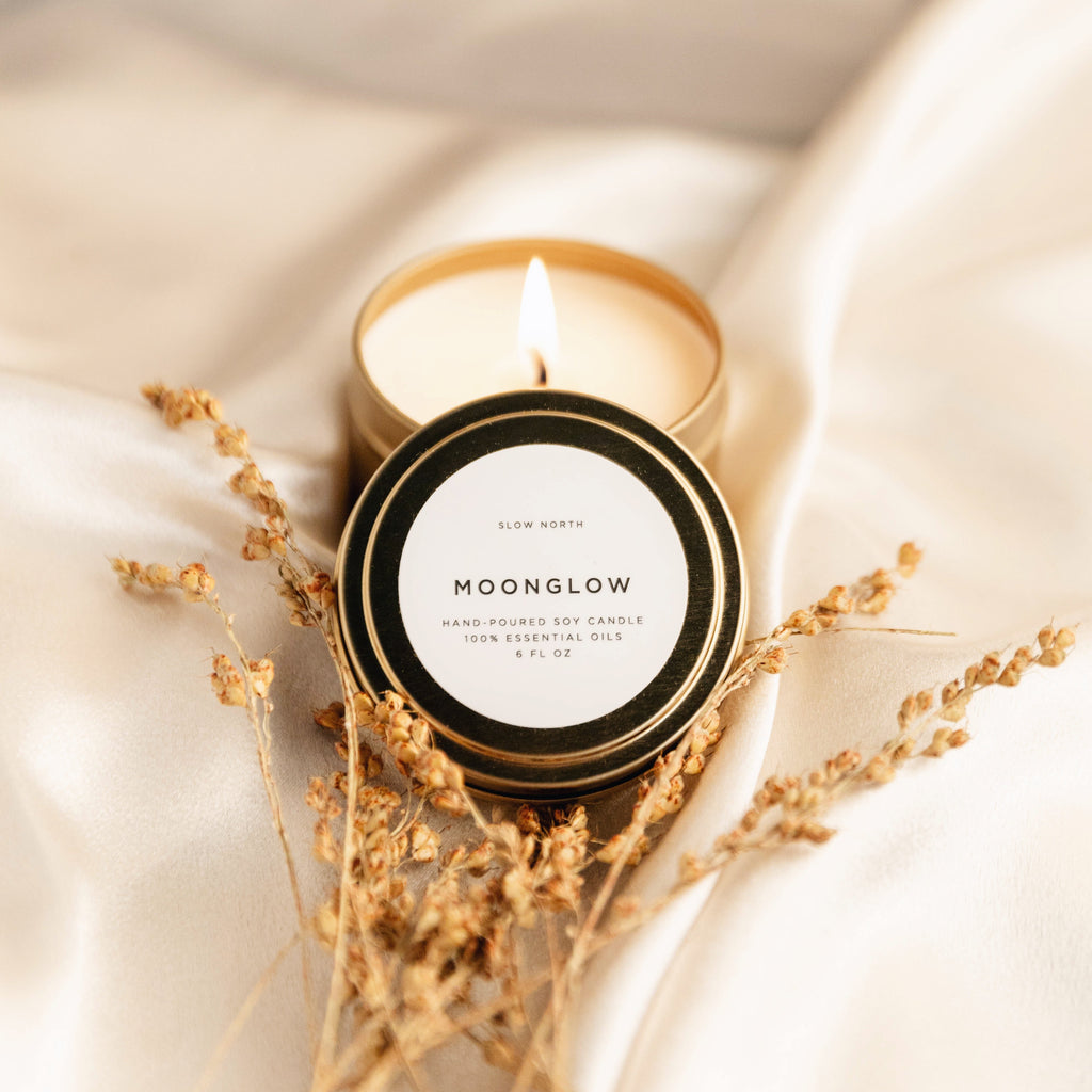 Moonglow | Patchouli, Cinnamon & Black Pepper Soy Candle | 100% Essential Oils | Brushed Gold Travel Tin | 6 oz | Slow North
