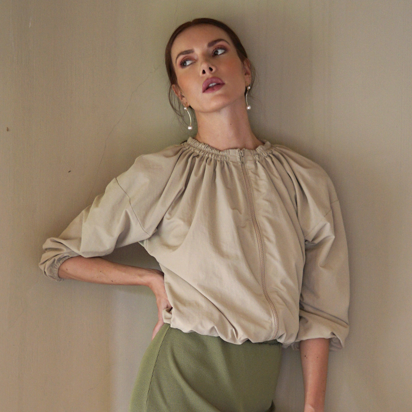 Beige Ruffle Windbreaker Jacket