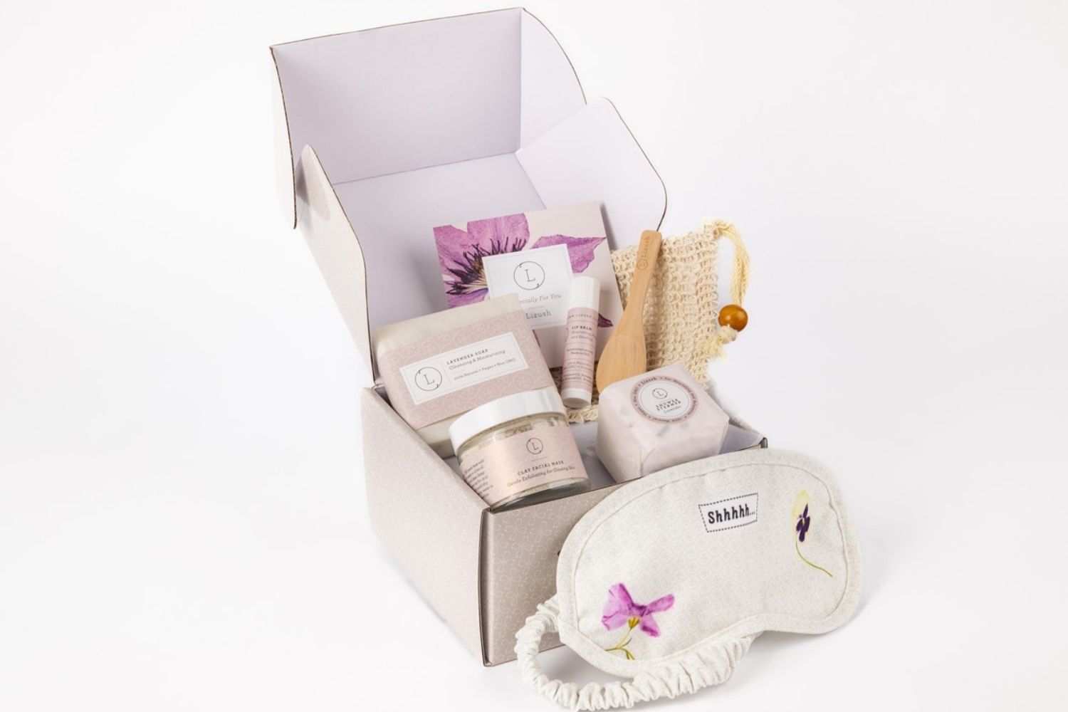 Lavender Bath & Body Gift Set | 6-Piece Natural Skincare Box | Soap, Clay Mask, Shower Steamer & More | Personalized | Lizush