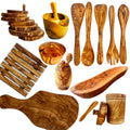 Mediterranean Olive Wood Ultimate Kitchen Collection | 25 Pieces | Handcrafted | Mortar & Pestle | Cutting Board | Honey Pot | Coasters | Choixe