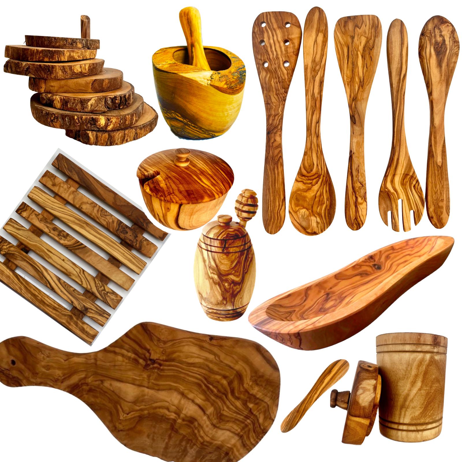 Mediterranean Olive Wood Ultimate Kitchen Collection | 25 Pieces | Handcrafted | Mortar & Pestle | Cutting Board | Honey Pot | Coasters | Choixe