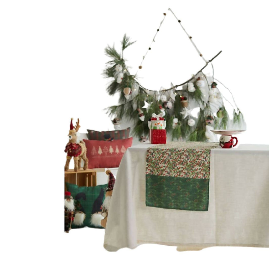 Holiday Runner with Green and Red Holly Berry and Greenery Motif
