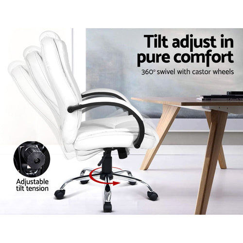 Artiss Rainier Executive Office Chair | White PU Leather | High-Back | Chrome Base
