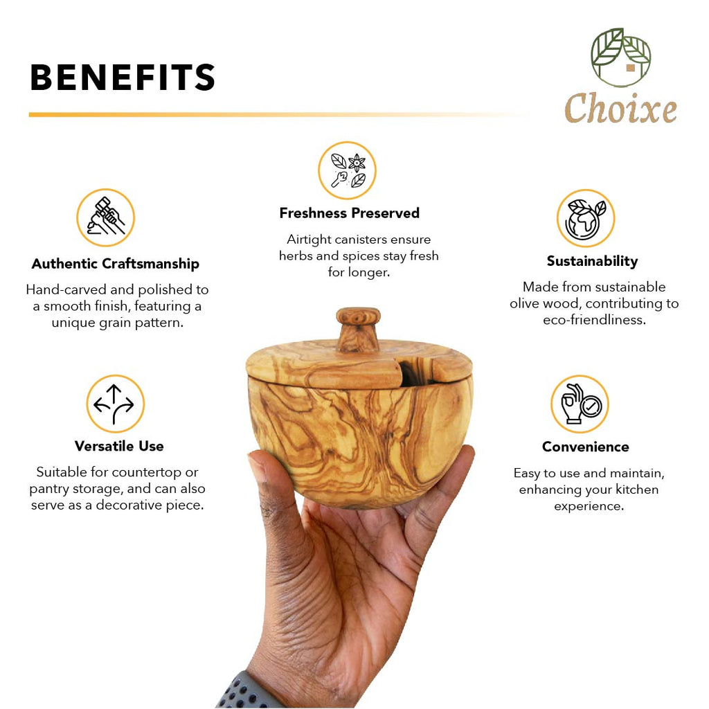 Mediterranean Olive Wood Canister | Hand-Carved | 6 Oz | Airtight | Choixe