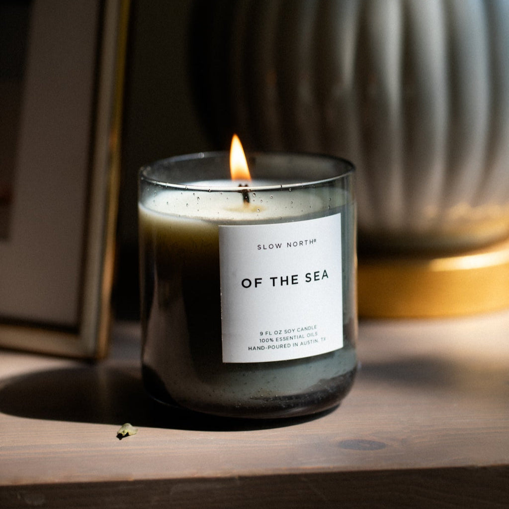 Of The Sea | Spa Collection Soy Candle | Smoky Blue Bubble Glass | Lavender, Eucalyptus & Peppermint | 9 oz | Slow North