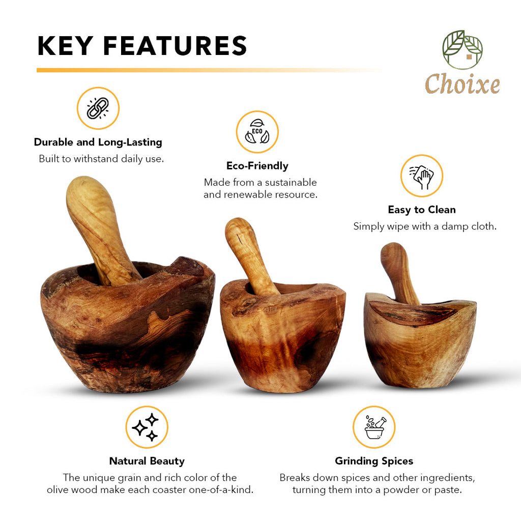 Rustic Mediterranean Olive Wood Mortar & Pestle | Hand-Carved in Tunisia | Choixe