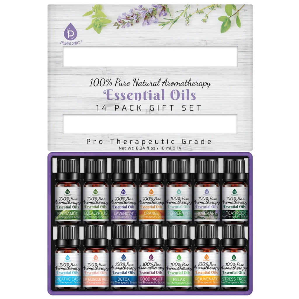 14-Pack 100% Pure Therapeutic Essential Oils | No Fillers or Additives | Eucalyptus, Lavender, Peppermint & More | PURSONIC