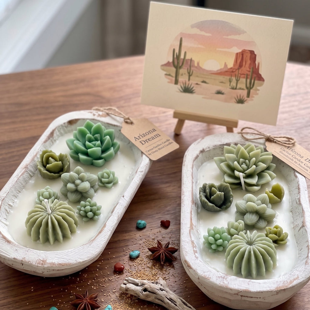 Arizona Dream Cactus Garden Candle — Sculptural Soy Wax in Carved Wood Bowl