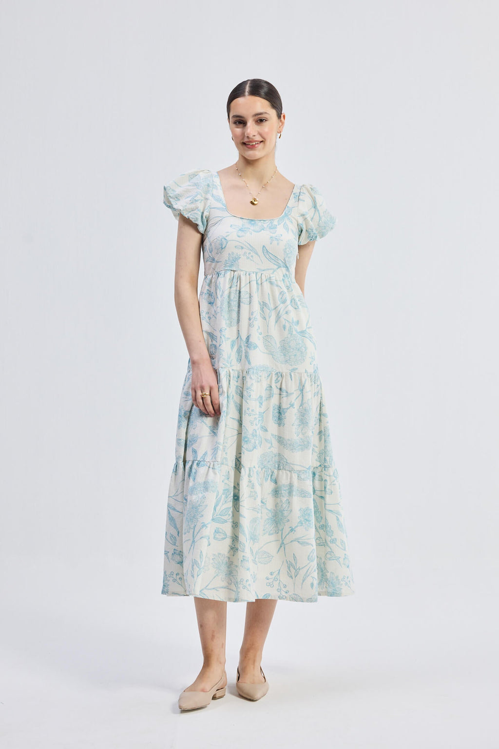 Floral Melody Puff Sleeve Tiered Maxi Dress | Blue Florals | 100% Cotton Seersucker | Pockets | XS-3XL | Reistor