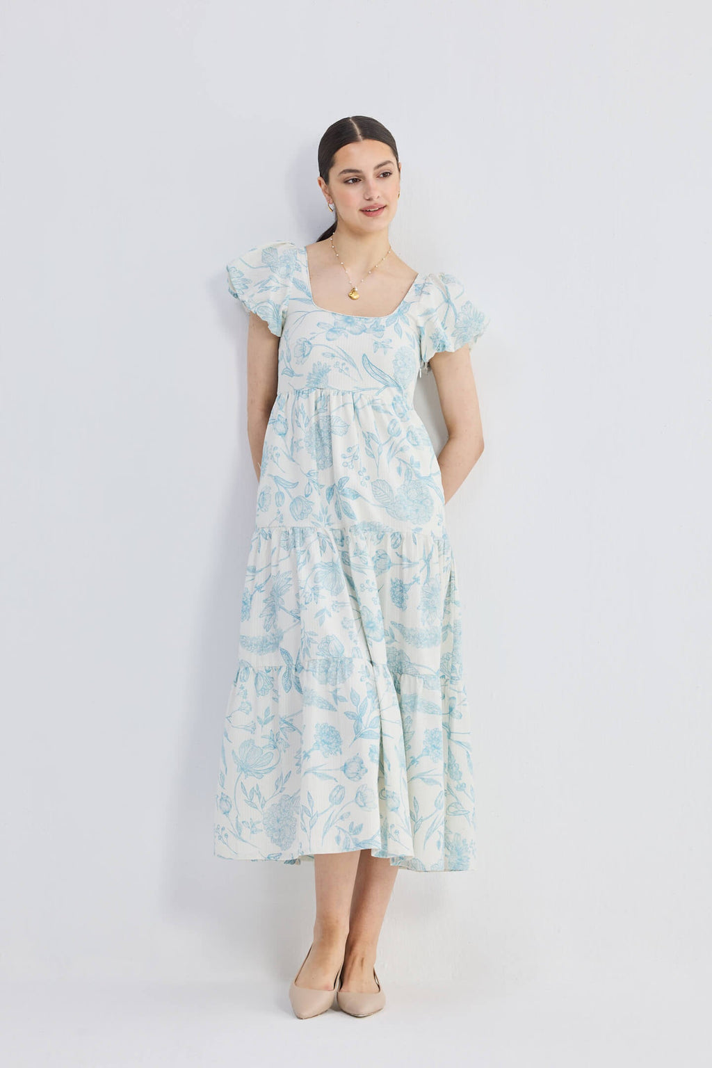 Floral Melody Puff Sleeve Tiered Maxi Dress | Blue Florals | 100% Cotton Seersucker | Pockets | XS-3XL | Reistor