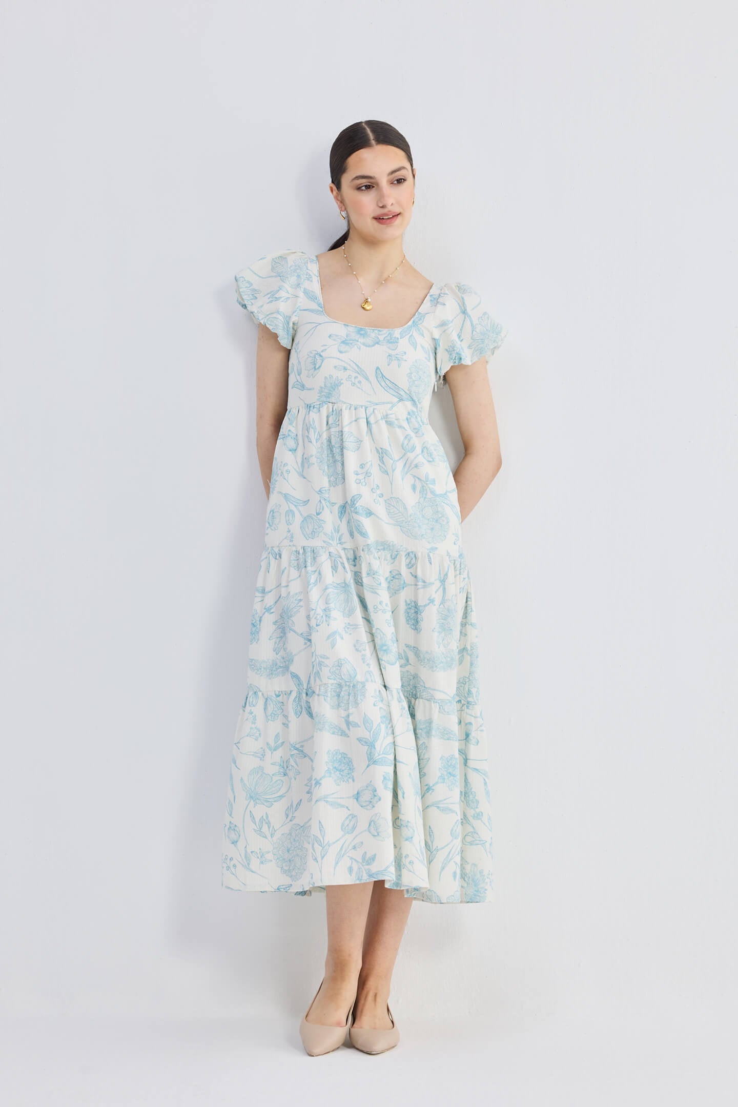 Floral Melody Puff Sleeve Tiered Maxi Dress | Blue Florals | 100% Cotton Seersucker | Pockets | XS-3XL | Reistor