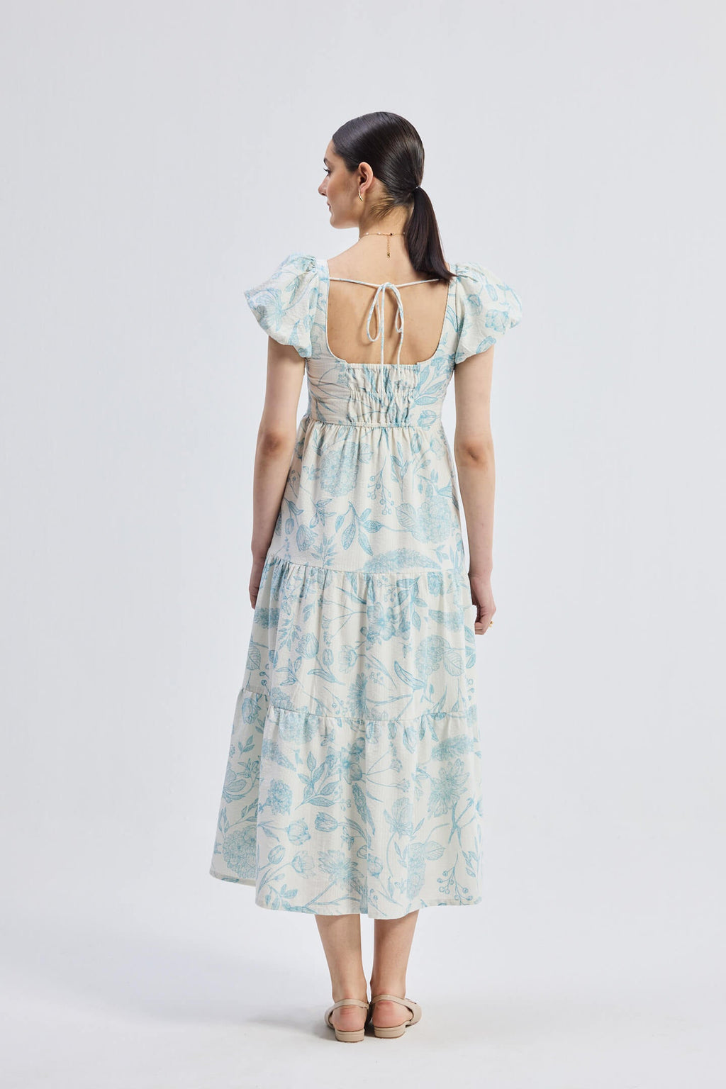Floral Melody Puff Sleeve Tiered Maxi Dress | Blue Florals | 100% Cotton Seersucker | Pockets | XS-3XL | Reistor