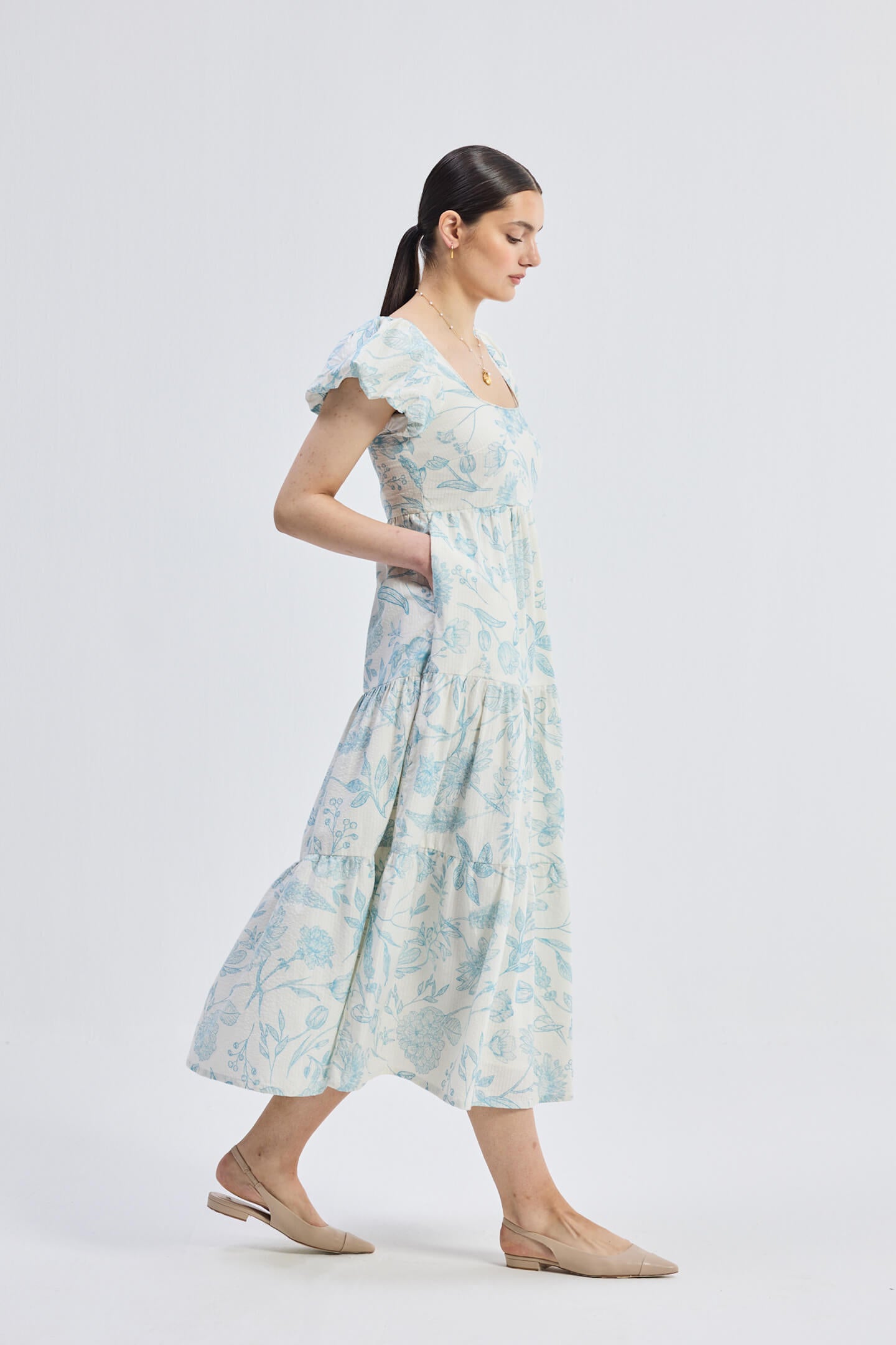 Floral Melody Puff Sleeve Tiered Maxi Dress | Blue Florals | 100% Cotton Seersucker | Pockets | XS-3XL | Reistor
