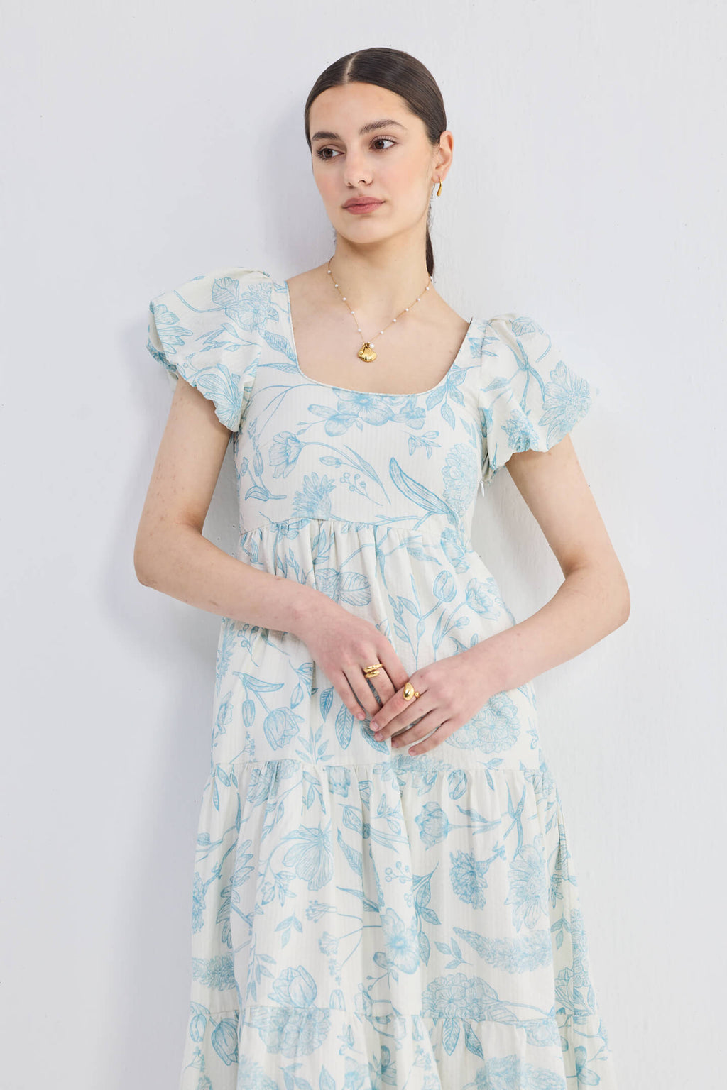 Floral Melody Puff Sleeve Tiered Maxi Dress | Blue Florals | 100% Cotton Seersucker | Pockets | XS-3XL | Reistor