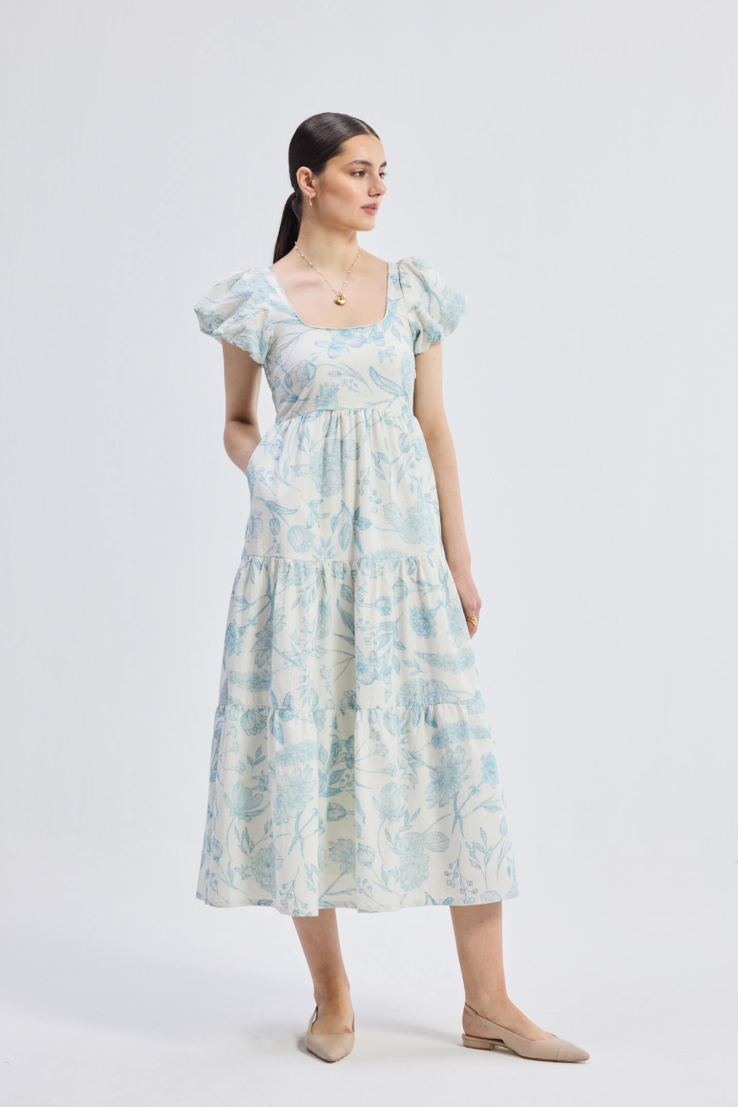 Floral Melody Puff Sleeve Tiered Maxi Dress | Blue Florals | 100% Cotton Seersucker | Pockets | XS-3XL | Reistor