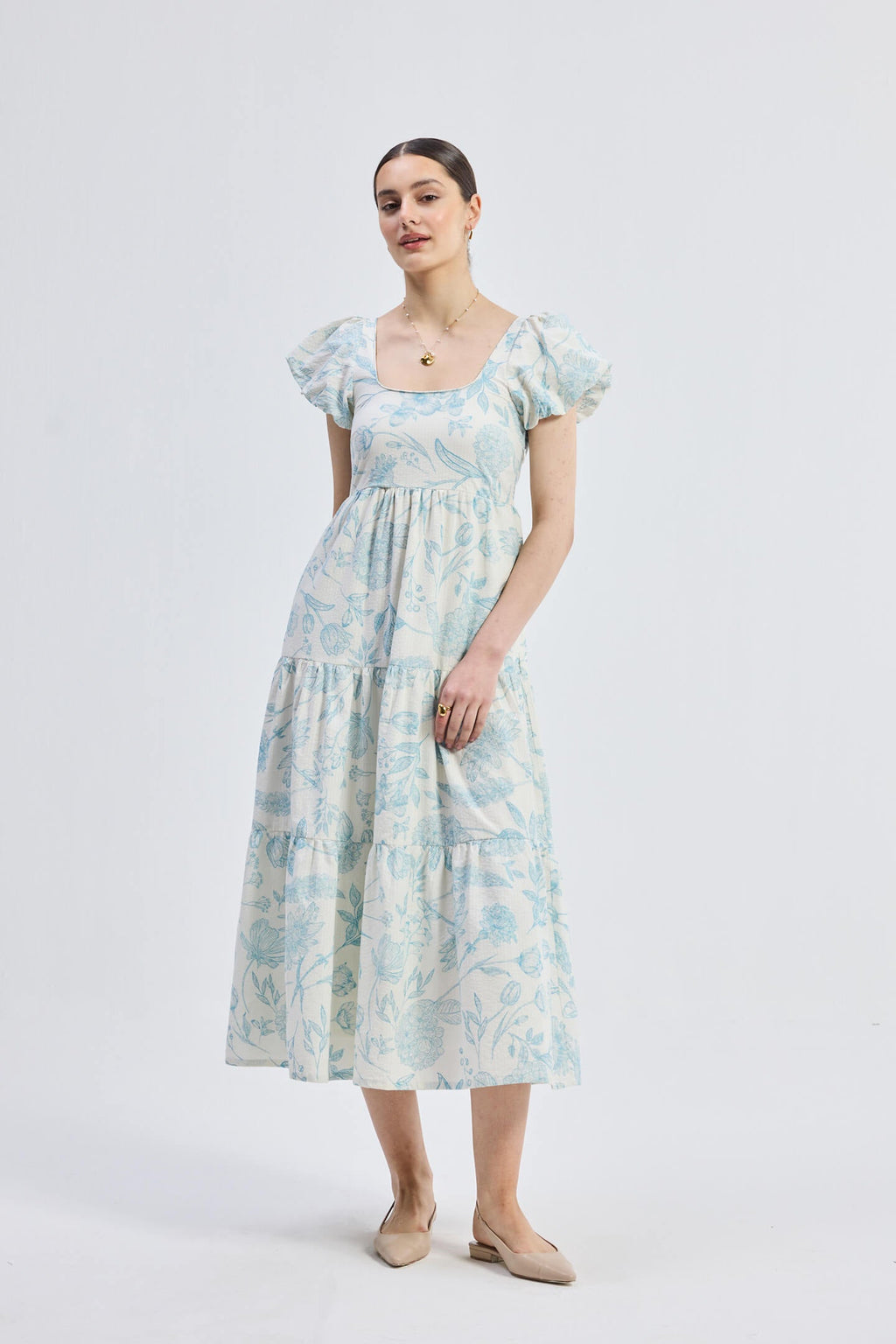 Floral Melody Puff Sleeve Tiered Maxi Dress | Blue Florals | 100% Cotton Seersucker | Pockets | XS-3XL | Reistor