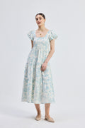 Floral Melody Puff Sleeve Tiered Maxi Dress | Blue Florals | 100% Cotton Seersucker | Pockets | XS-3XL | Reistor