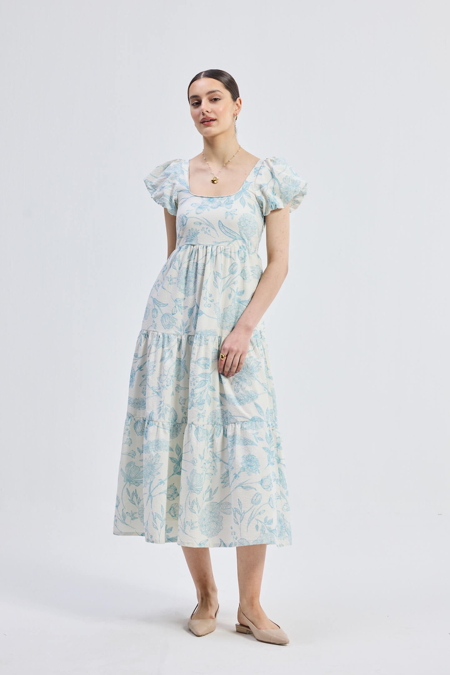 Floral Melody Puff Sleeve Tiered Maxi Dress | Blue Florals | 100% Cotton Seersucker | Pockets | XS-3XL | Reistor