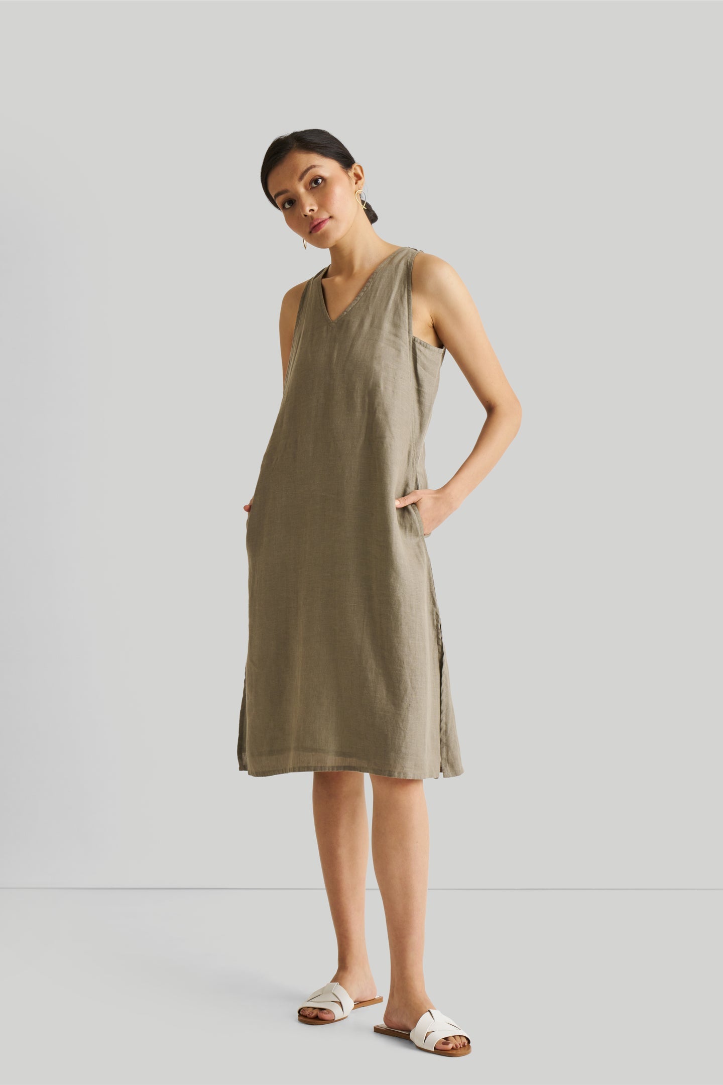Reading Tea Leaves Dress in Dark Olive | 100% Hemp | V-Neck | A-Line | Side Slits | Pockets | XS–3XL | Reistor