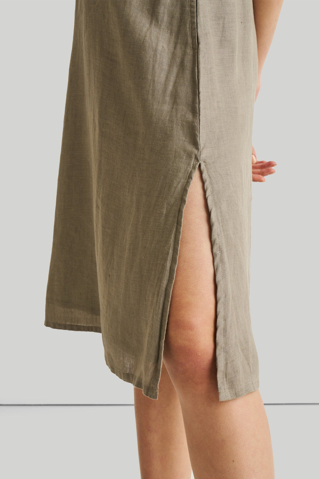 Reading Tea Leaves Dress in Dark Olive | 100% Hemp | V-Neck | A-Line | Side Slits | Pockets | XS–3XL | Reistor
