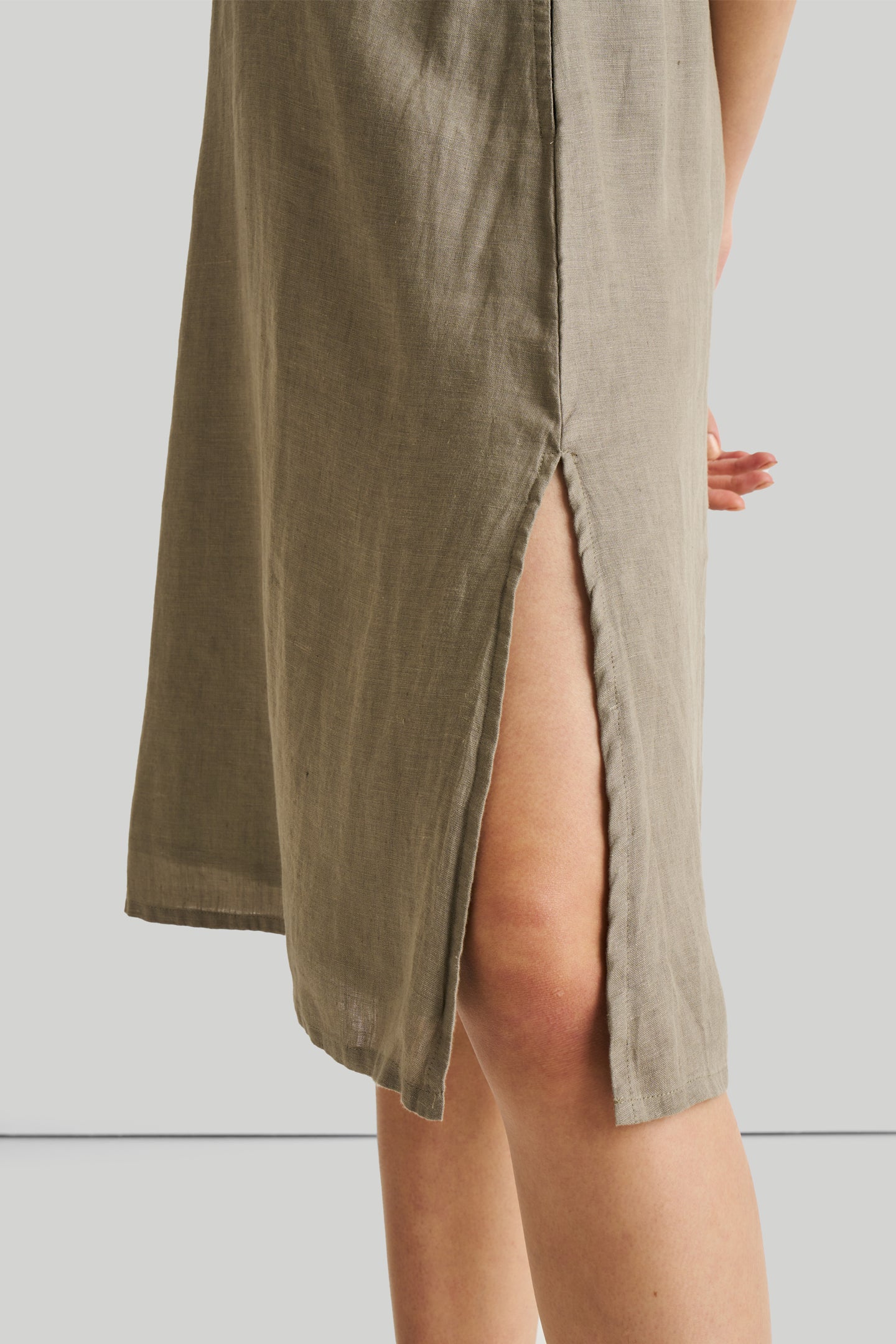 Reading Tea Leaves Dress in Dark Olive | 100% Hemp | V-Neck | A-Line | Side Slits | Pockets | XS–3XL | Reistor