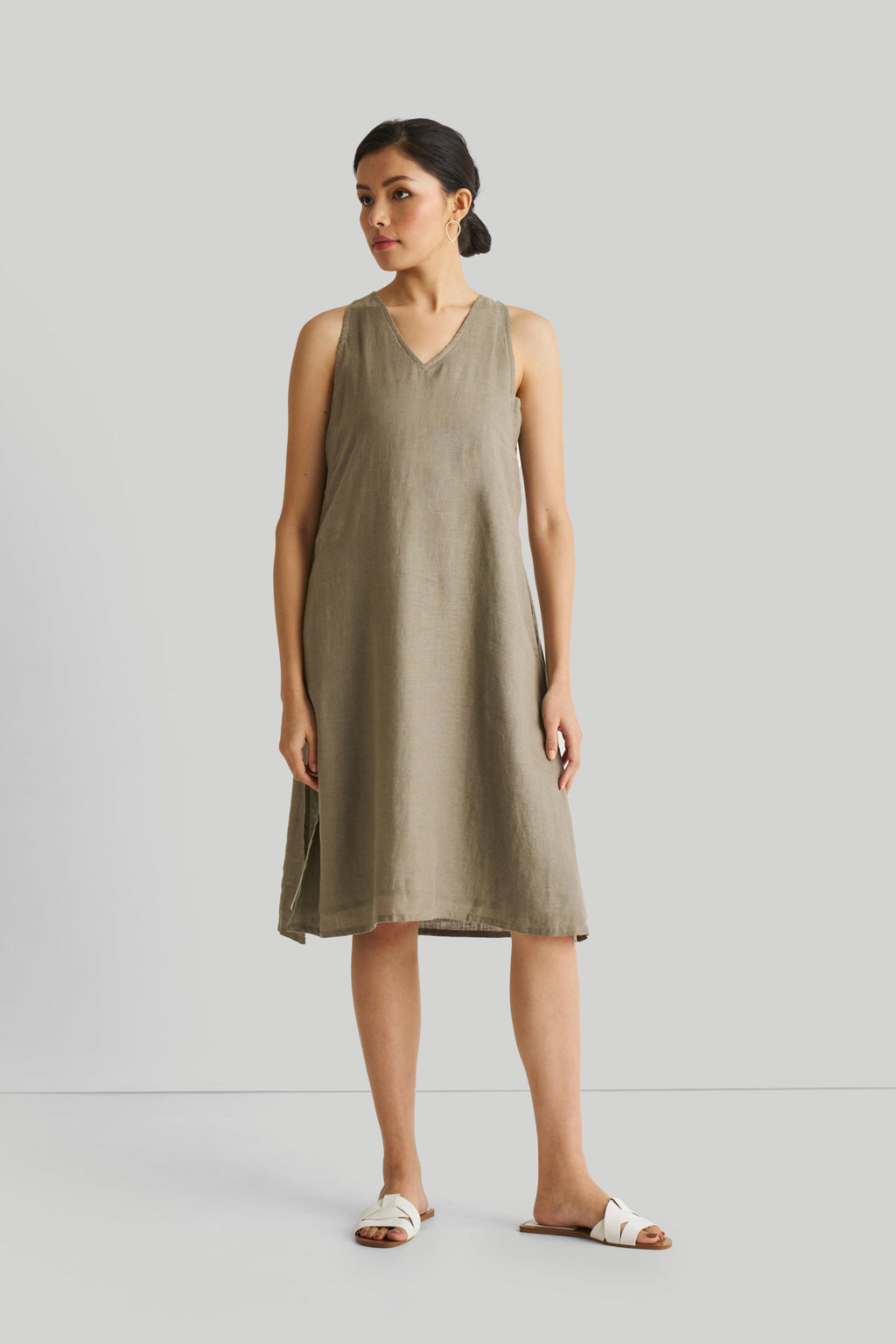 Reading Tea Leaves Dress in Dark Olive | 100% Hemp | V-Neck | A-Line | Side Slits | Pockets | XS–3XL | Reistor