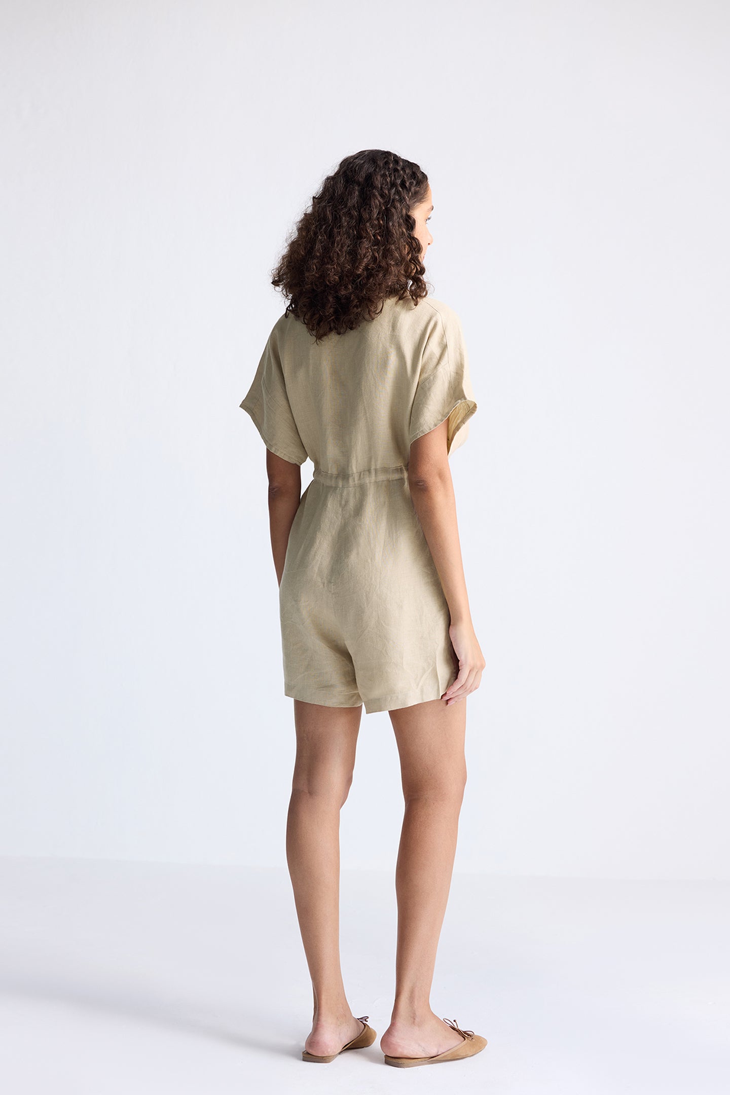 V-Neck Drawstring Romper – Neutral Beige