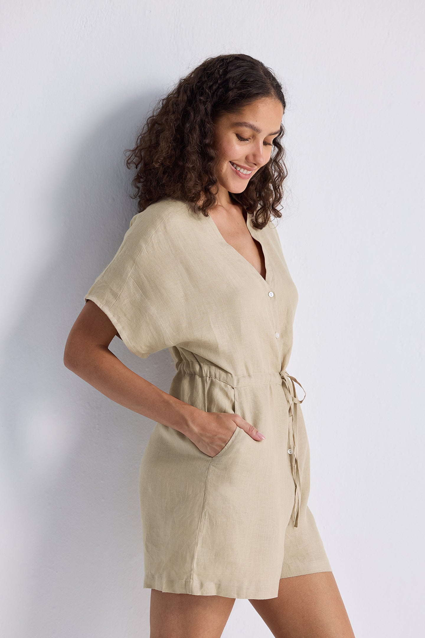 V-Neck Drawstring Romper – Neutral Beige