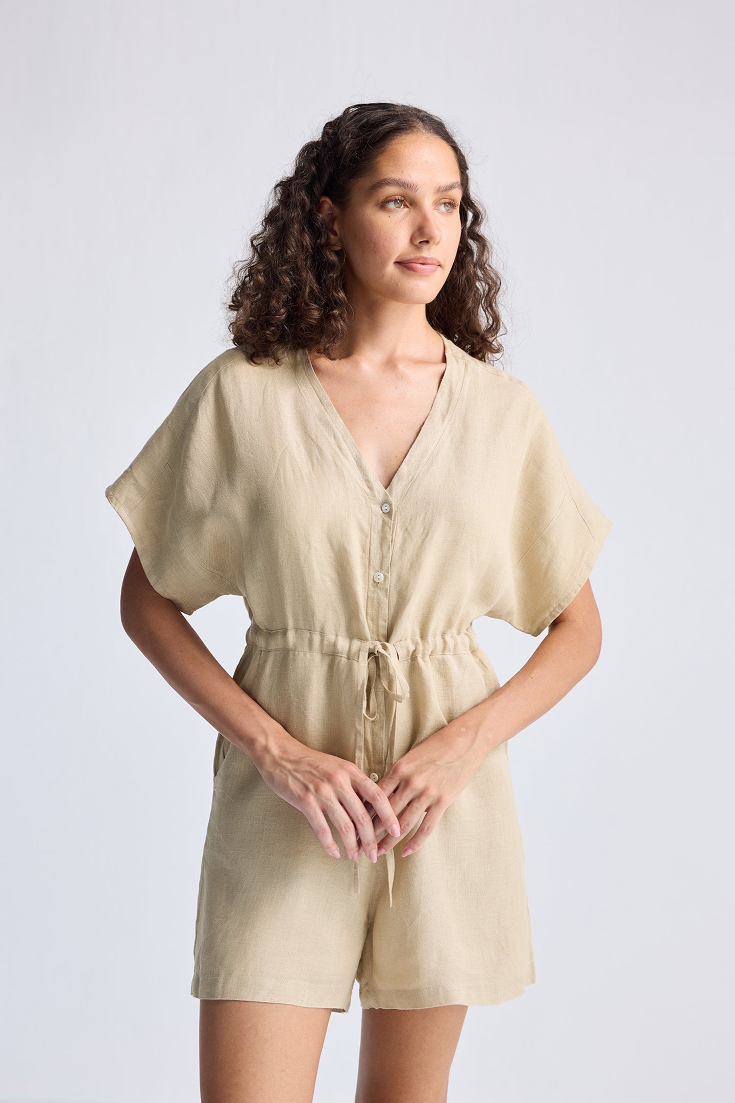 V-Neck Drawstring Romper – Neutral Beige