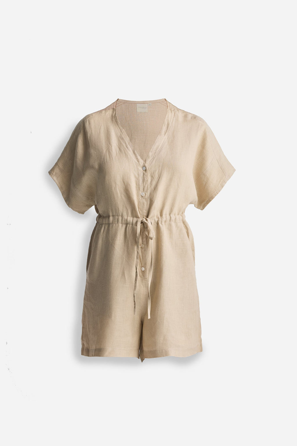 V-Neck Drawstring Romper – Neutral Beige