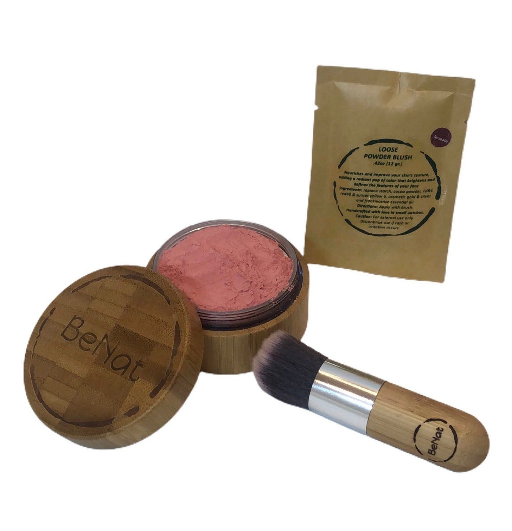 Blush Loose Powder Set | Bamboo Case + Refill + Kabuki Brush | Roseate & Plum | BeNat