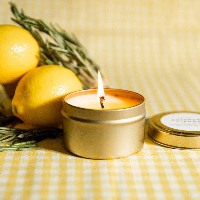 Rosemary & Lemon Soy Candle | 100% Essential Oils | Non-Toxic | Cotton Wick | Reusable Brushed Gold Tin | 20-Hour Burn | Slow North