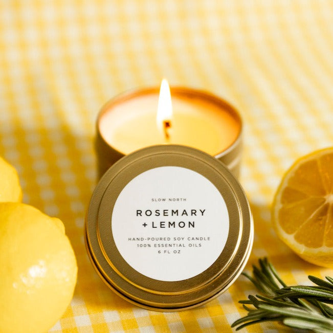 Rosemary & Lemon Soy Candle | 100% Essential Oils | Non-Toxic | Cotton Wick | Reusable Brushed Gold Tin | 20-Hour Burn | Slow North